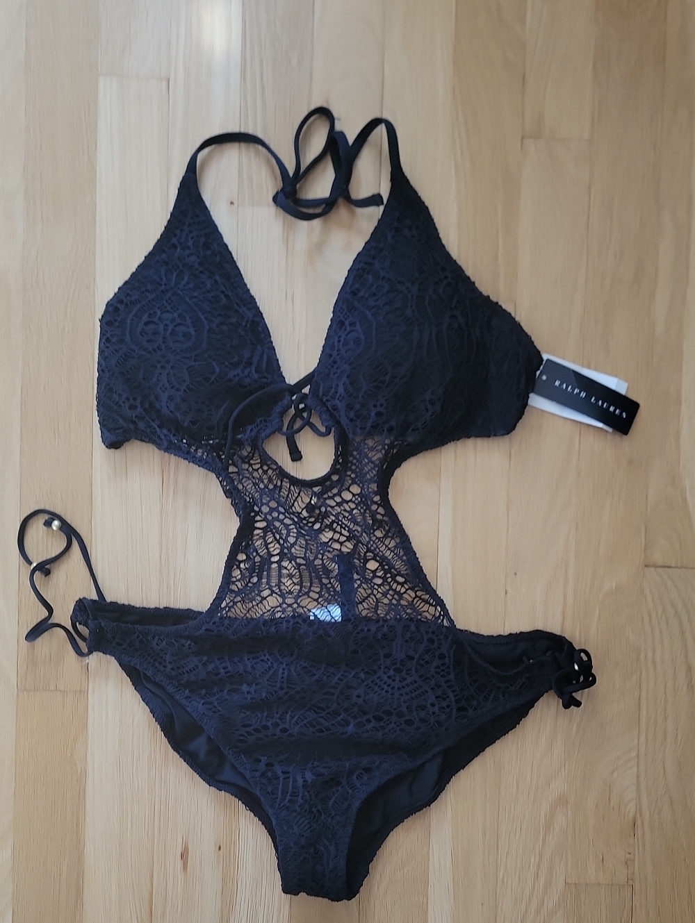 Ralph Lauren Black Crochet Lace Monokini Swim - Halter Tie